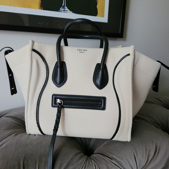 CELINE White Canvas And Black Leather trim Phantom Medium Tote Bag. - Picture 2 of 16